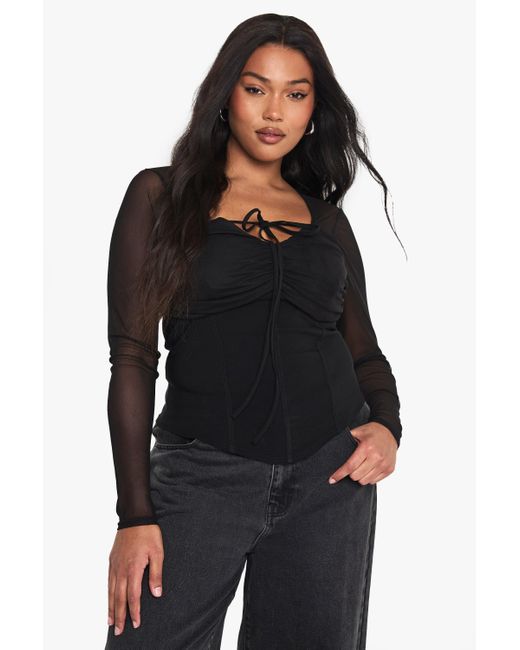 Boohoo Black Plus Bengaline Mesh Sleeve Corset Top