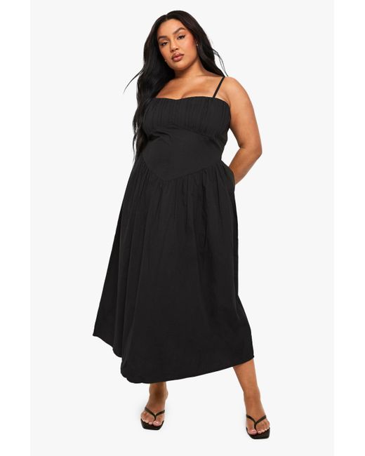 Vestido Plus Maxi De Algodón Con Corpiño Boohoo de color Black