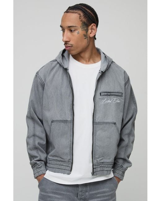 Sudadera Vaquera Recta Con Bordado Y Capucha Boohoo de color Gray