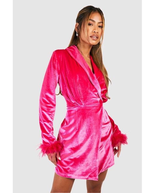 Boohoo Pink Velvet Feather Trim Wrap Blazer Party Dress