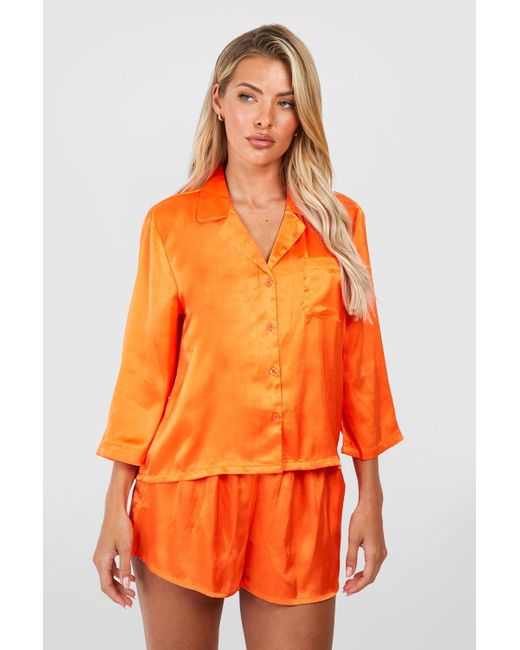 Boohoo Oversized Satin Short Pyjama Set in Orange Lyst