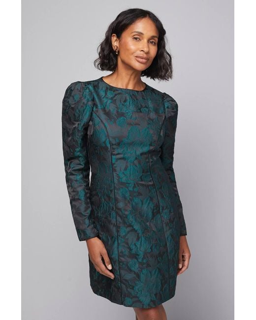 Wallis Women's Blue Floral Jacquard Puff Sleeve Shift Dress