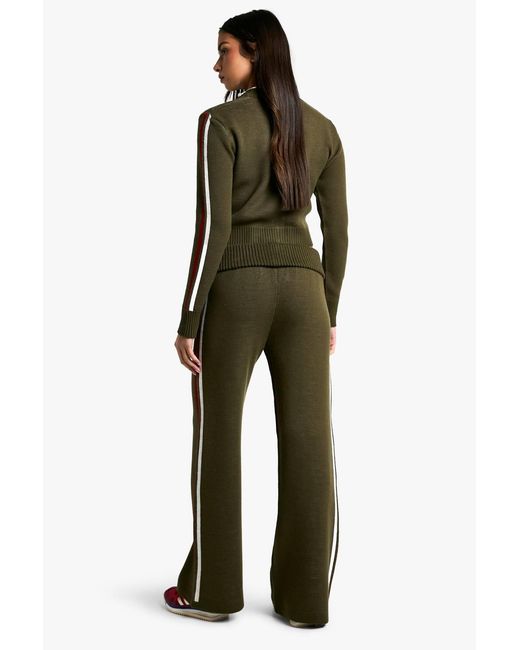 Boohoo Green Rib Knitted High Neck Zip Through Sweater And Foldover Waistband Flared Trouser