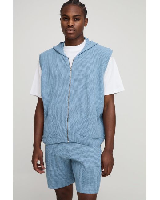 Boohoo Blue Oversized Fit Ribbed Knitted Zip Through Hoodie And Shorts Set