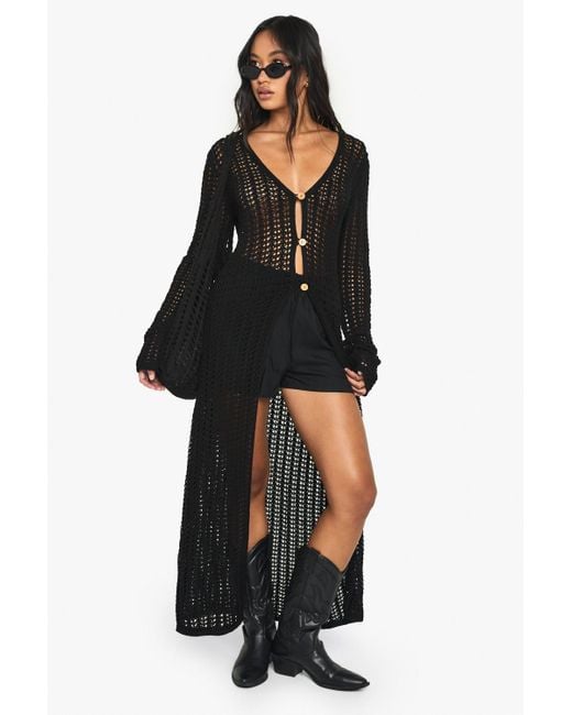 Boohoo Black Crochet Maxi Cardigan