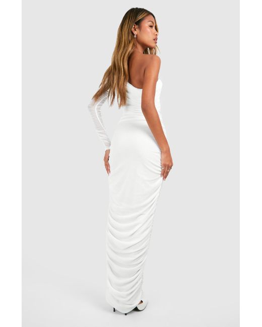 Boohoo White One Shoulder Rouched Mesh Maxi Dress