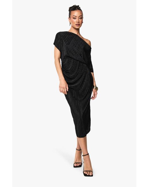 Boohoo Black Tall Plisse Off The Shoulder Midi Dress