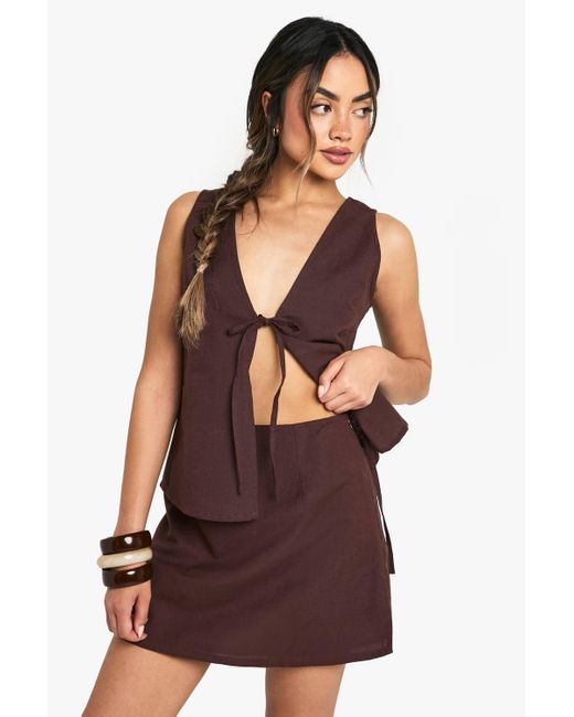Boohoo Brown Linen A Line Mini Skirt
