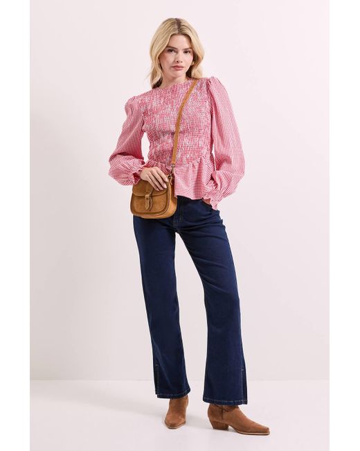 Dorothy Perkins Pink Gingham Shirred Bodice Blouson Sleeve Peplum Top