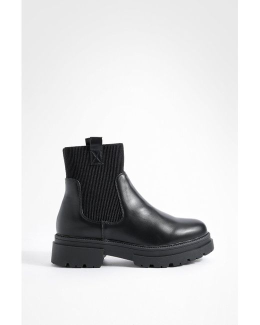 Boohoo Black Wide Fit Double Tab Detail Chunky Chelsea Boots