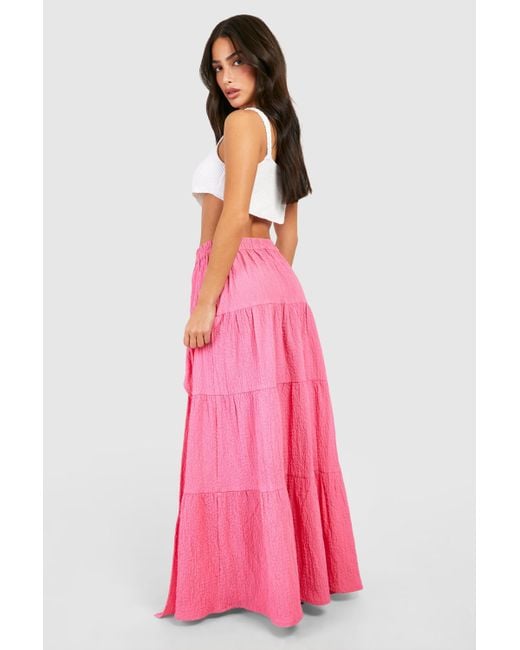 Boohoo Pink Petite Textured Tiered Hem Woven Maxi Skirt