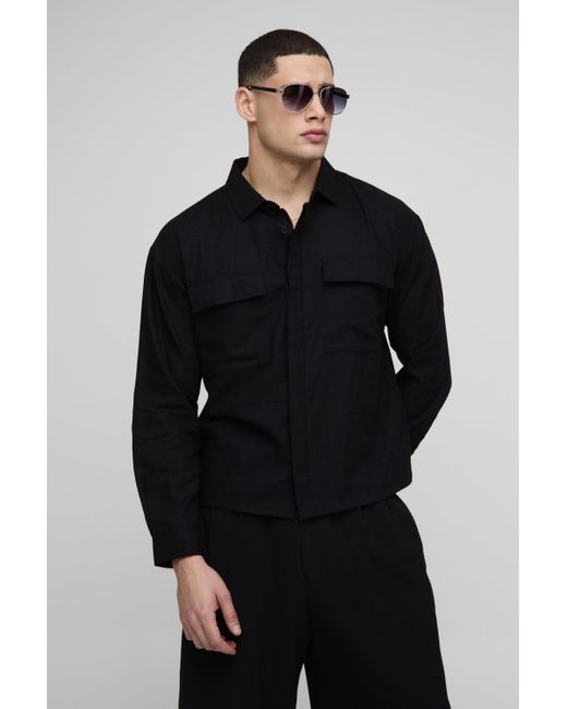 BoohooMAN Blue Heavyweight Linen Blend Regular Concealed Placket Cargo Overshirt for men