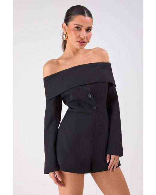MissPap Black Bardot Fold Over Detail Button Romper