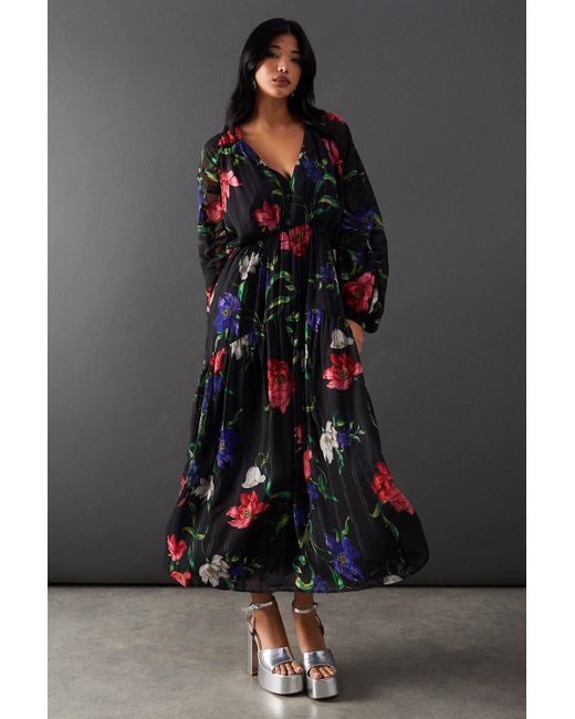 Warehouse Black Floral Shadow Stripe Chiffon Plunge Neck Tier Midi Dress