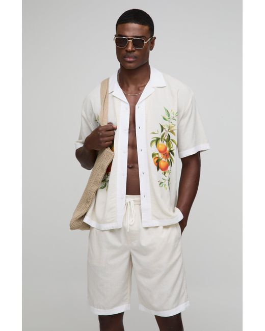 BoohooMAN Oversize Leinen-Hemd & lockere Shorts mit Print in White für Herren