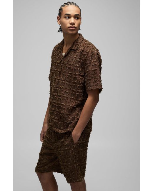 Boohoo Brown Oversized Tufted Texture Zip Up Shirt & Short Set
