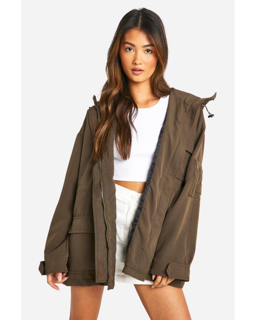 Boohoo Brown Synched Waist Longline Hooded Festival Jacket