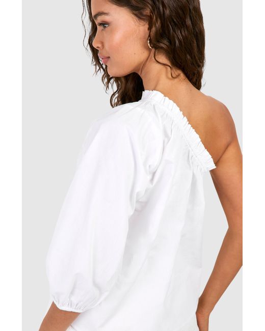 Puff Sleeve One Shoulder Top Boohoo de color White