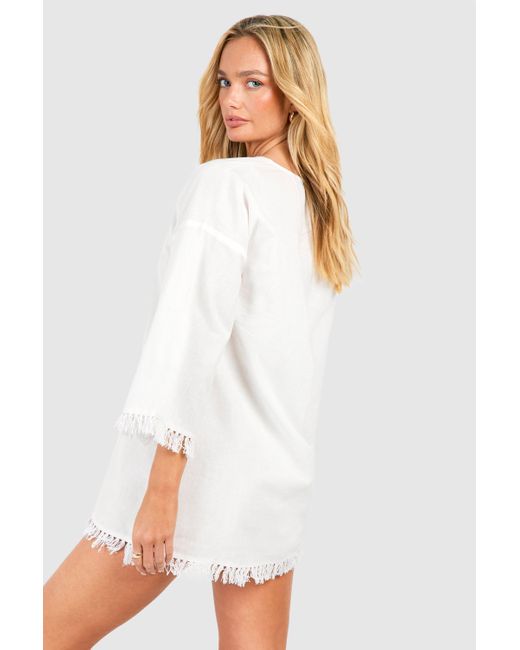 Boohoo White Linen Look Raw Edge Cover-up Beach Dress