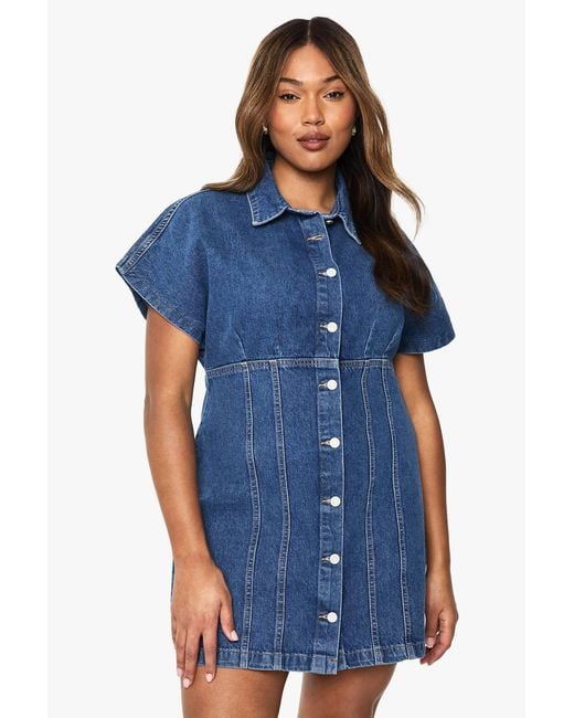 Boohoo Blue Plus Button Down Denim Mini Dress