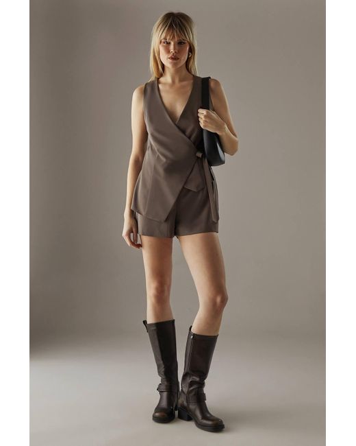 Warehouse Brown Tailored Waistcoat Tie Side Romper