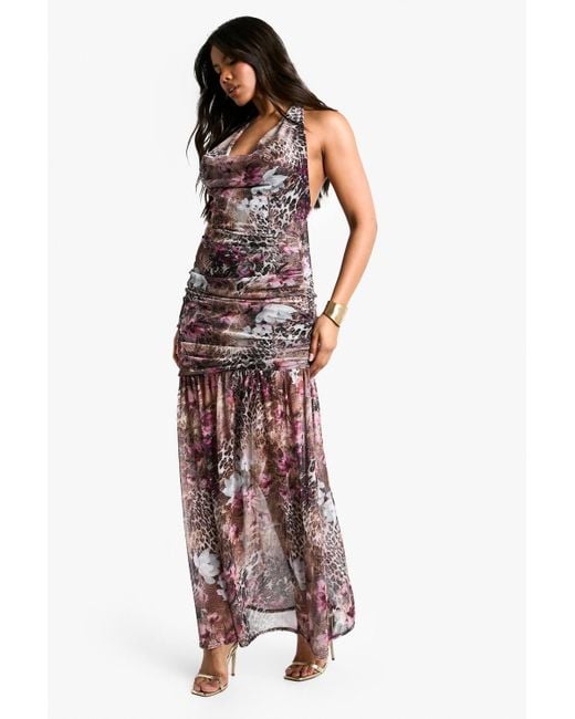 Boohoo Printed Mesh Halterneck Ruched Maxi Dress in Brown | Lyst