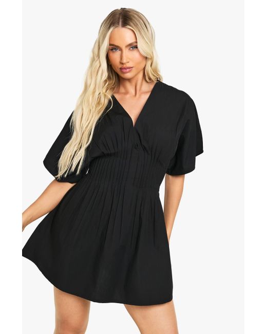 Boohoo Black Cotton Poplin Kimono Sleeve Mini Dress