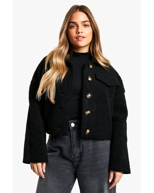 Boohoo Black Petite Teddy Detail Wool Look Jacket