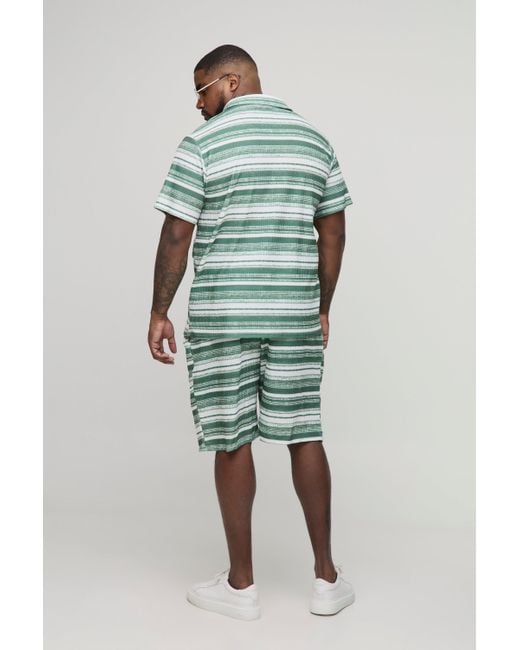 BoohooMAN Green Plus Slim Revere Abstract Textured Polo Short Set for men