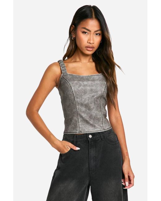 Boohoo Black Washed Faux Leather Ruched Strap Corset