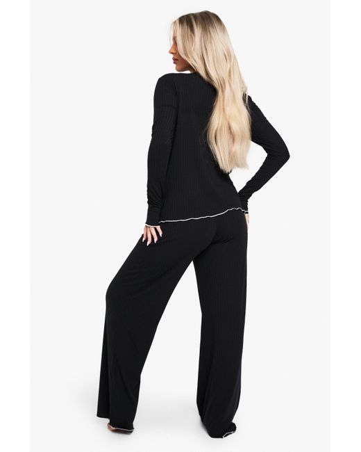 Boohoo Black Maternity Contrast Detail Rib Button Down Top & Trouser Pj Set