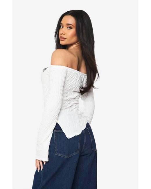 Boohoo White Textured Asym Neck Long Sleeve Top