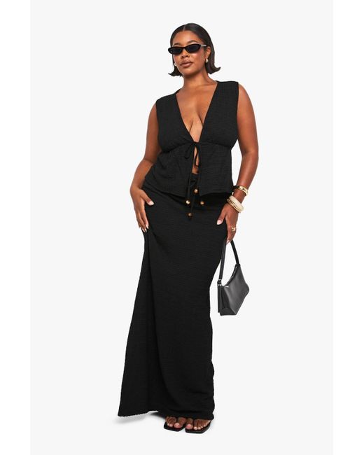 Boohoo Black Beaded Textured Drawstring Maxi Skirt