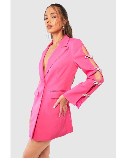 Boohoo Pink Premium Diamante Bow Detail Fitted Blazer Dress