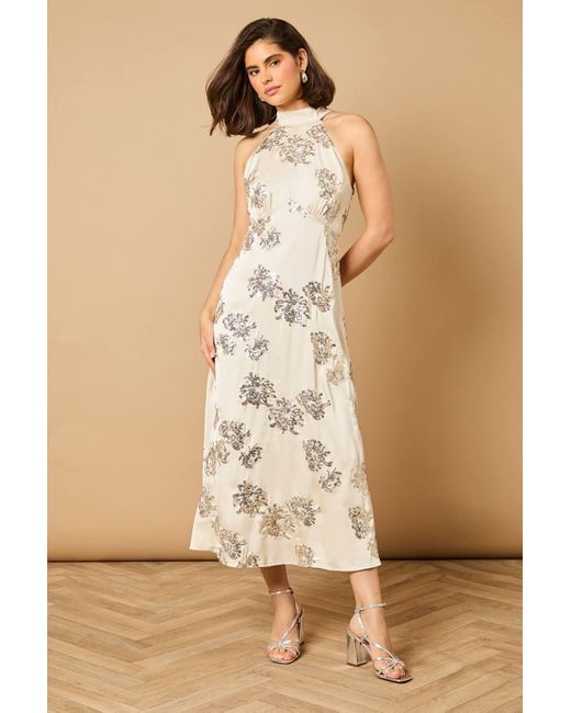 Oasis Natural Sequin Bias Halterneck Midi Dress