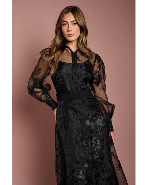 Coast Brown Long Sleeve Embellished Organza Shirt Dress