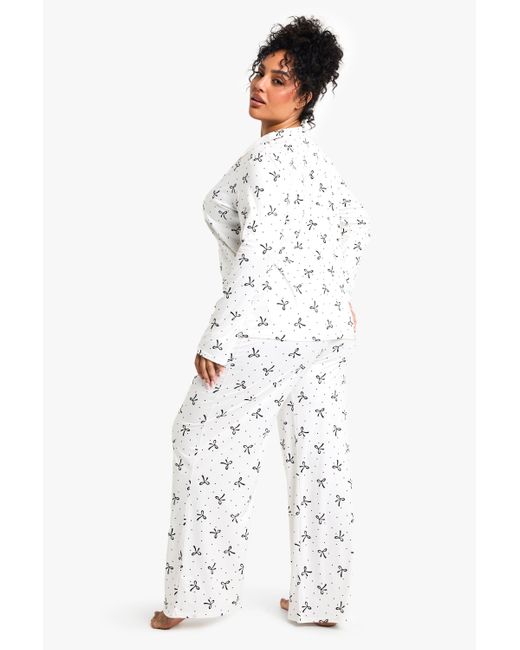 Boohoo White Plus Bow Print Long Sleeve & Trouser Pj Set