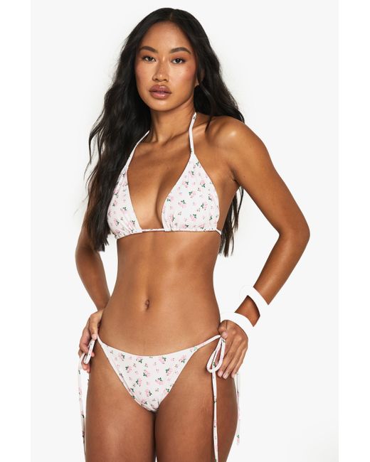 Boohoo Pink Swimwear Essentials Ditsy Floral Tie Side Bikini Bottoms