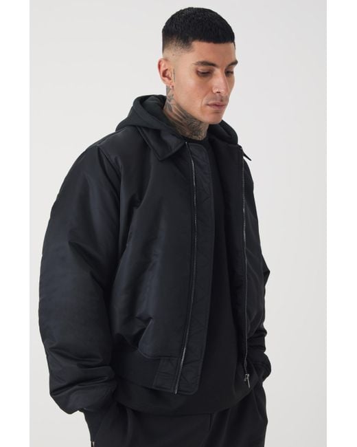 BoohooMAN Tall Collared Boxy Bomber Jacket With Jersey Hood In Black for Men Lyst