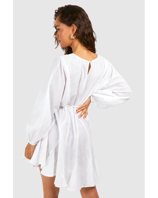 Boohoo White Cotton Long Sleeve Godet Mini Dress