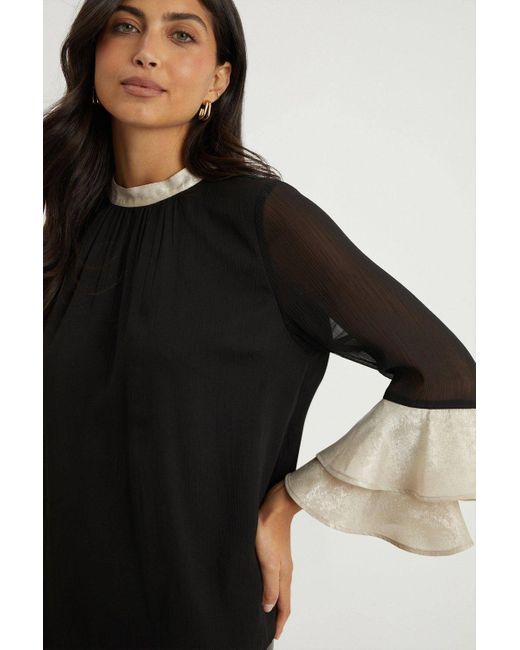 Wallis Black Foil Trim Ruffle Sleeve Top