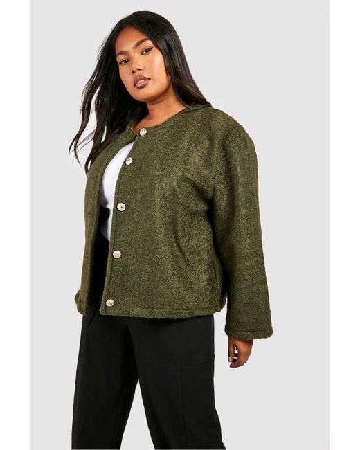 Boohoo Green Plus Collarless Textured Jacket