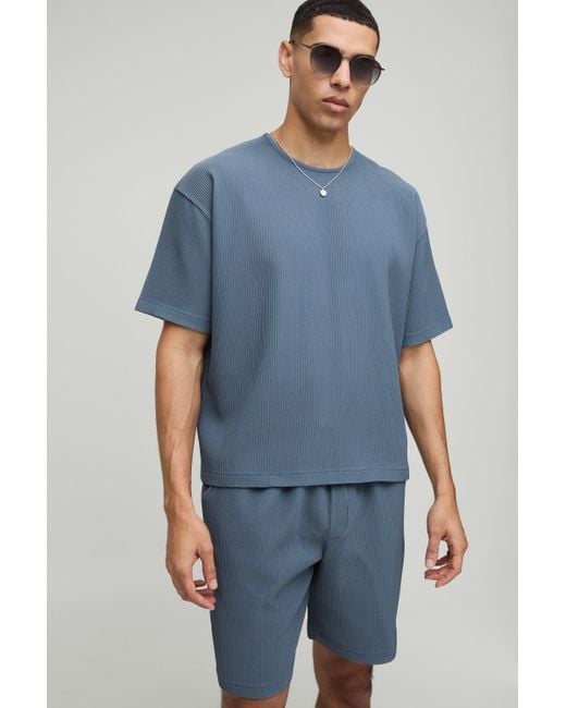 BoohooMAN Blue Oversized Boxy Pleated T-Shirt And Relaxed Fit Mid-Length Short Set for men