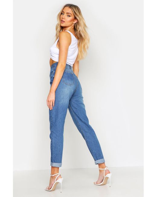 high rise mid wash mom jeans