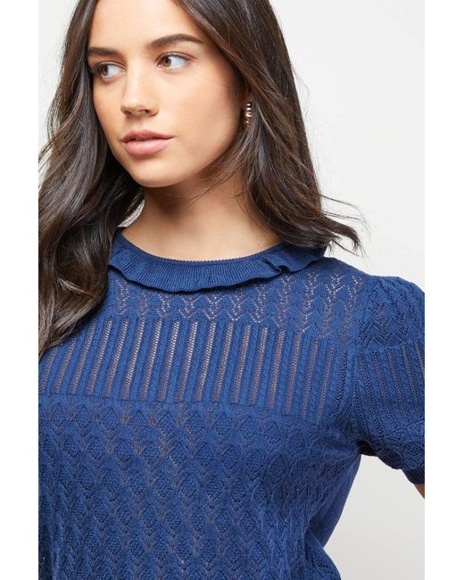 Oasis Blue Puff Sleeve Ruffle Neck Short Sleeve Sweater