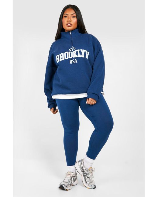 Boohoo Plus Brooklyn Half Zip And Legging Set in Blue