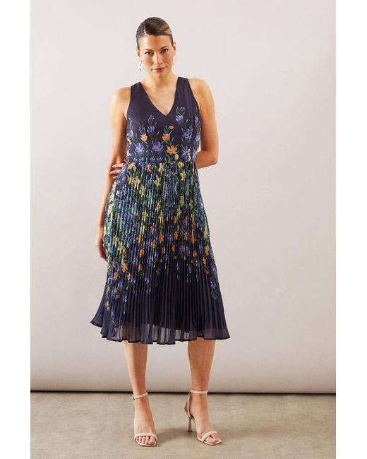 Wallis Blue Placement Print Pleated Midi Dress