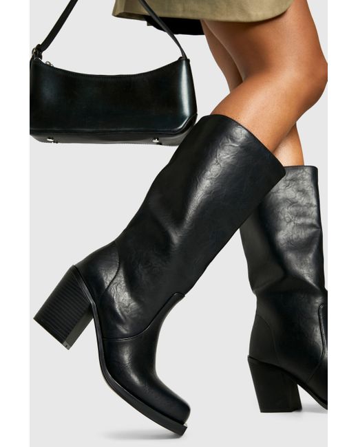 Wide Fit Square Toe Block Heel Calf Height Boots Boohoo de color Black