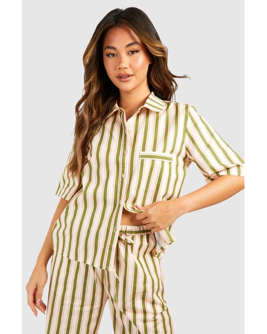 Boohoo Green Stripe Cotton Poplin Short Sleeve Shirt