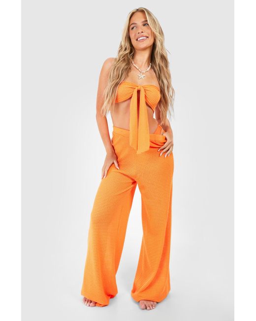 Boohoo Orange Knitted Bandeau Top & Trouser Beach Co-ord